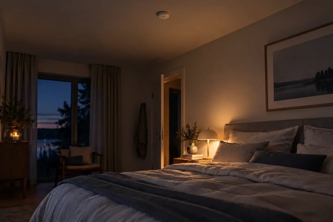 Design concept: a discreet white smoke alarm on a bedroom ceiling