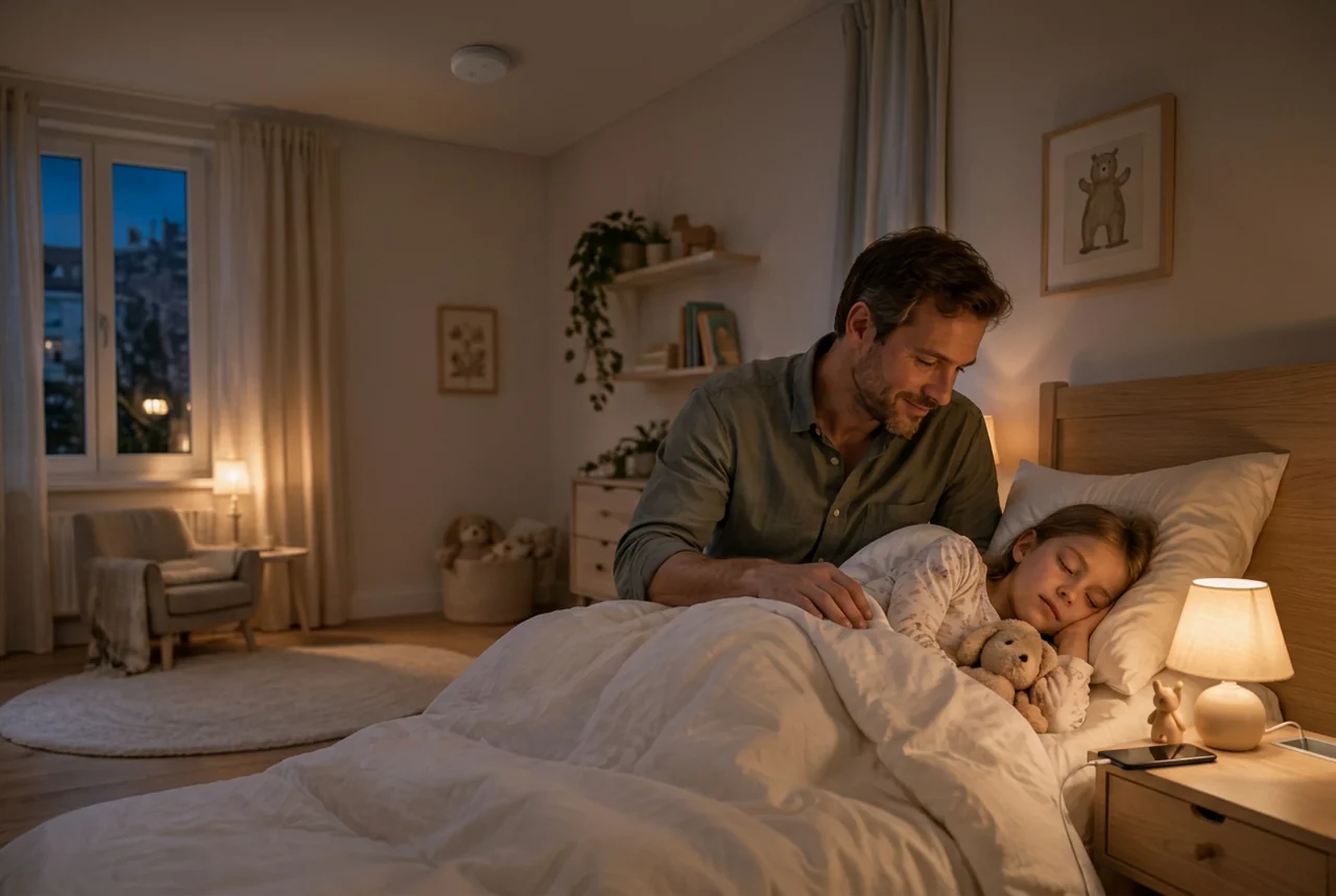 A parent checks on a sleeping child, with a phone charging on the bedside table