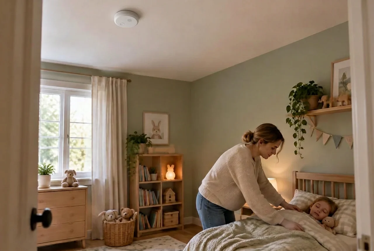 Product concept: a ceiling-mounted alarm in a Scandinavian child’s bedroom