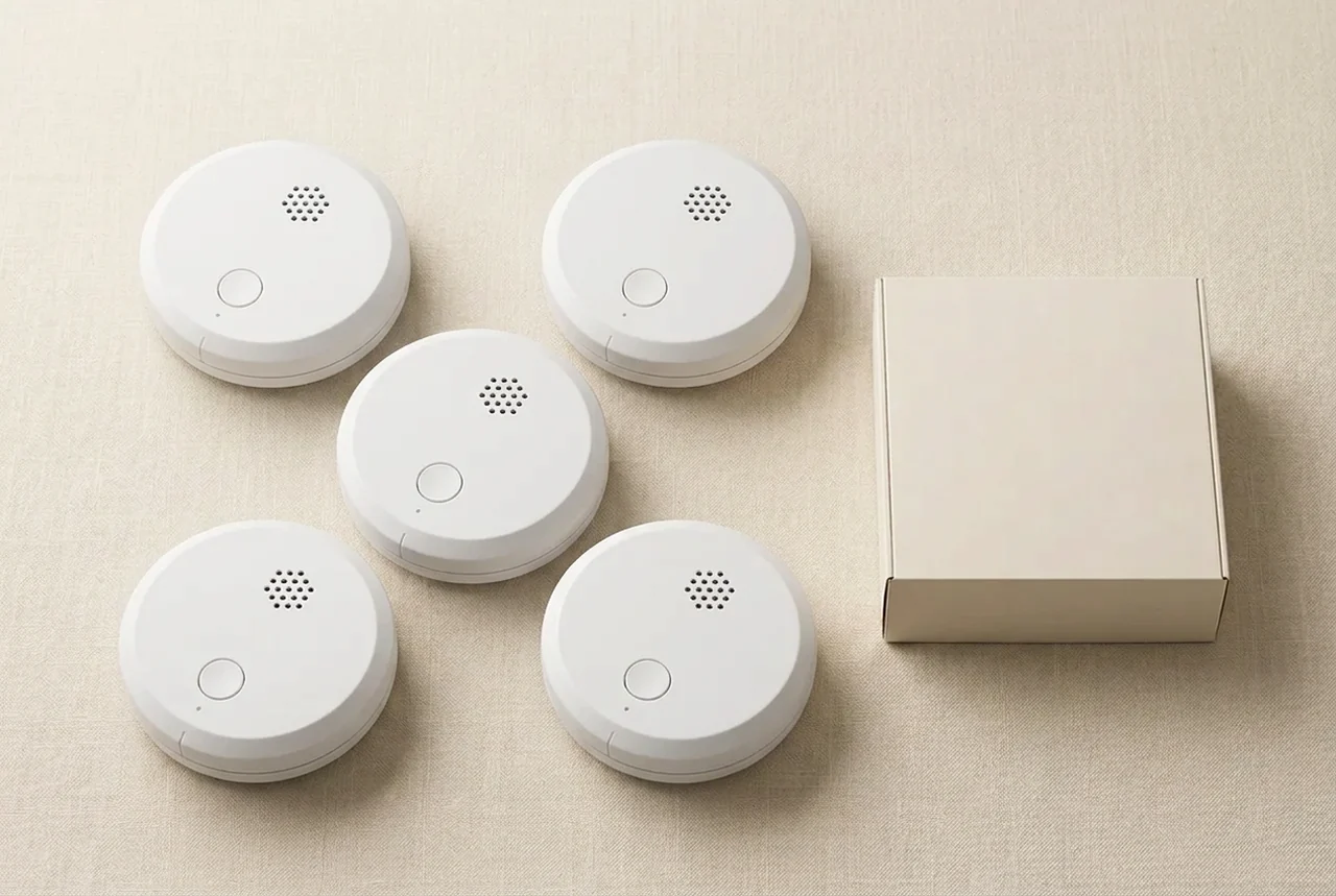 Product concept: five SleepGard alarms beside their box