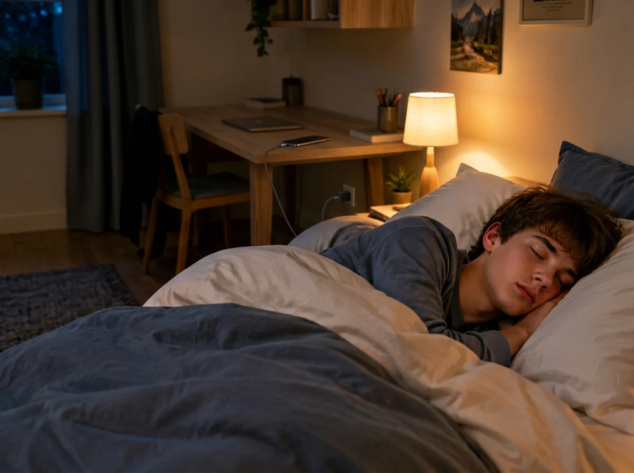 A sleeping teenager with a phone and closed laptop on the desk, away from the bed
